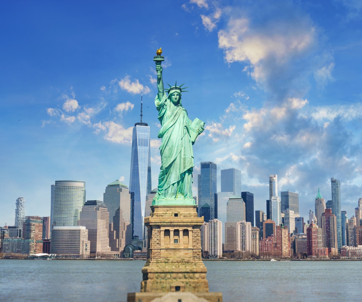 Panorama view of New York city with the Statue of Liberty.